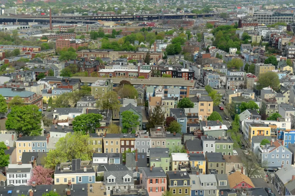 Aerial view of Boston Massachusetts historic homes